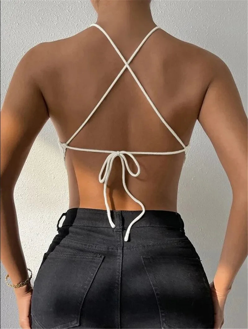 Tie-up neck knitted vest design sweater chest wrap top