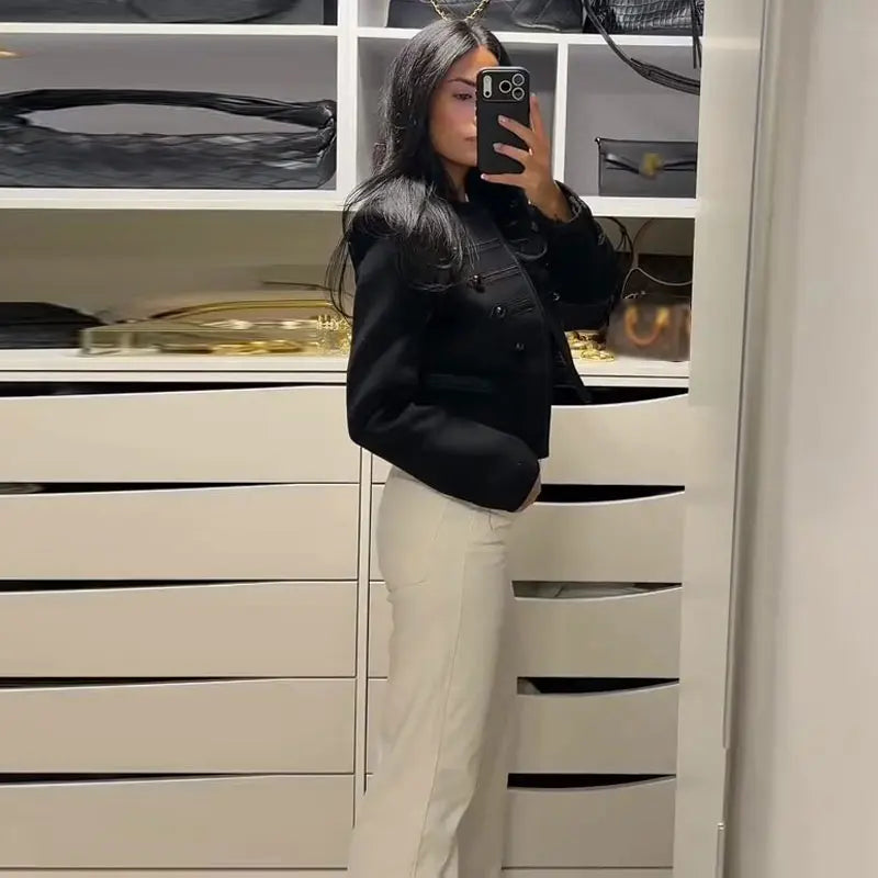 Casual Solid Women's Jacket O-Neck Full Sleeve Button Black Lady Cropped Jackets 2026 Spring Chic Female Street Outerwear