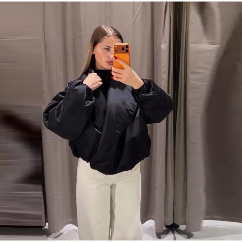 Vintage Women's Padded Bomber Jacket Loose Hidden Buckle Pockets Full Sleeve Stand Collar Black Coats 2026 Spring Autumn Outwear