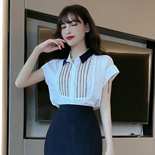 Chiffon Base Shirt for Women in Spring and Summer New Commuting Simple Short-sleeved Striped T-shirt Versatile Lined Thin Top
