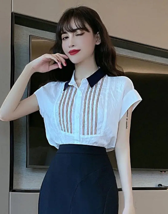 Chiffon Base Shirt for Women in Spring and Summer New Commuting Simple Short-sleeved Striped T-shirt Versatile Lined Thin Top