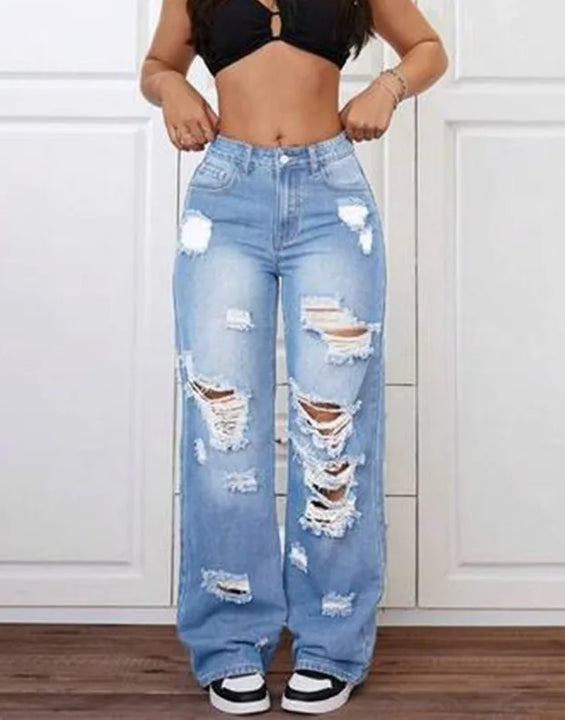 Womens Pants Womens Jeans Trendy Light Blue Distressed Baggy Relaxed Fit Wide Leg Denim