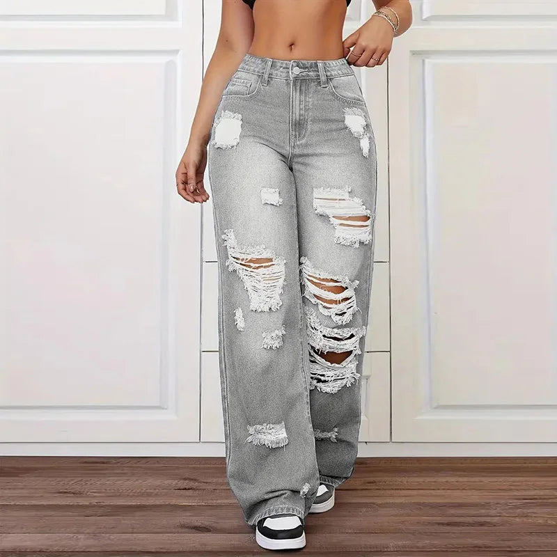 Benuynffy High Waisted Baggy Ripped Jeans Women's Streetwear Bf Style Washed All Match Straight Leg Denim Trousers Woman New