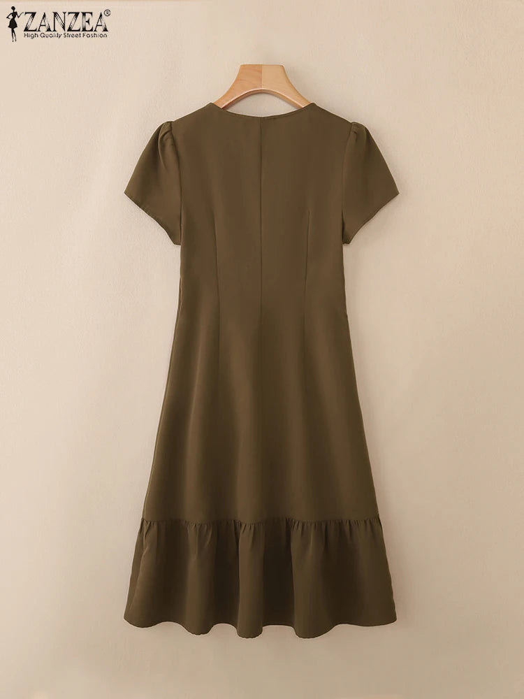 Stylish Summer Dress 2025 ZANZEA Women Elegant V-Neck Midi Dresses Office Work Sundress Short Sleeve Solid Buttons Vestidos Robe