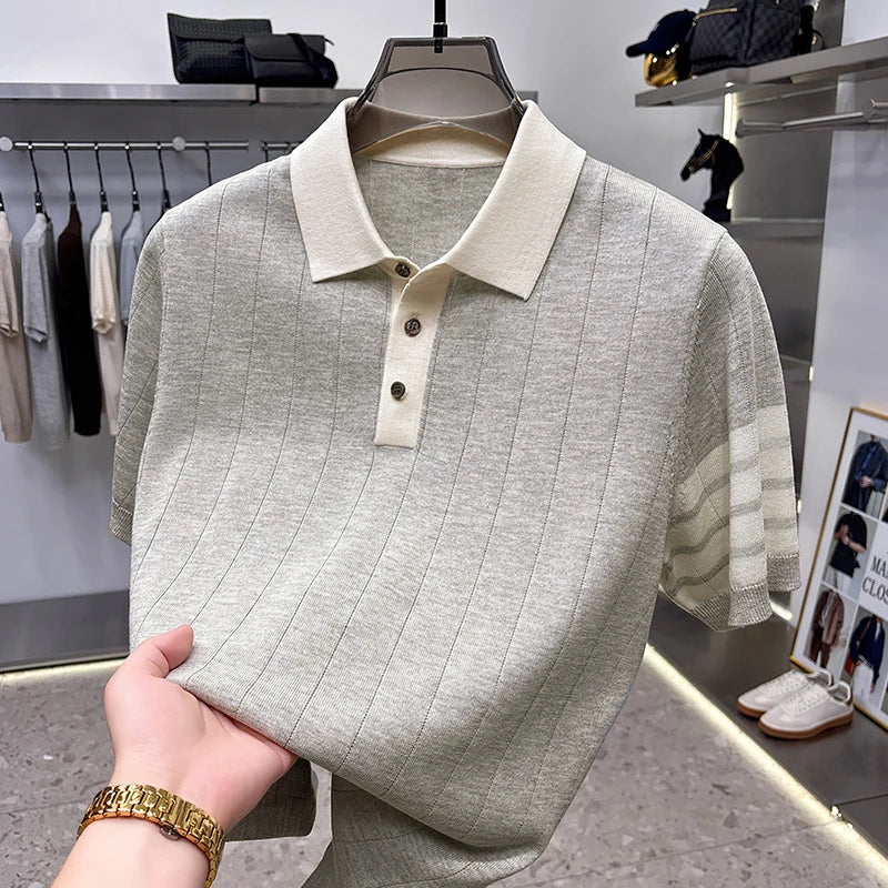 High Quality Man Summer Short-Sleeved Polo Shirt Lapel Button Stripe Color Blocking Old Money Style Snug Ventilate Men'sClothing
