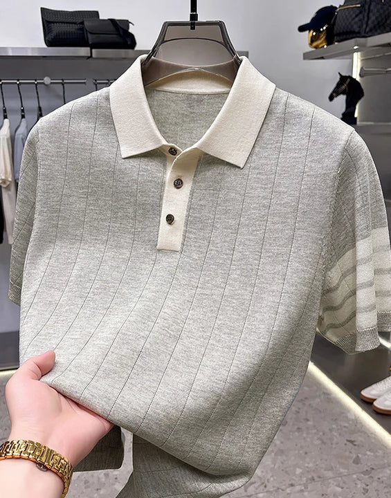 High Quality Man Summer Short-Sleeved Polo Shirt Lapel Button Stripe Color Blocking Old Money Style Snug Ventilate Men'sClothing
