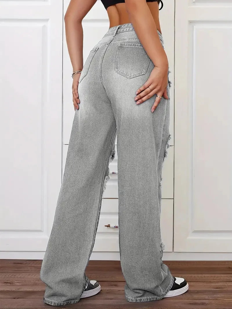 Distressed Washed High Waist Straight Leg Versatile Loose Fit Denim Pants for Women