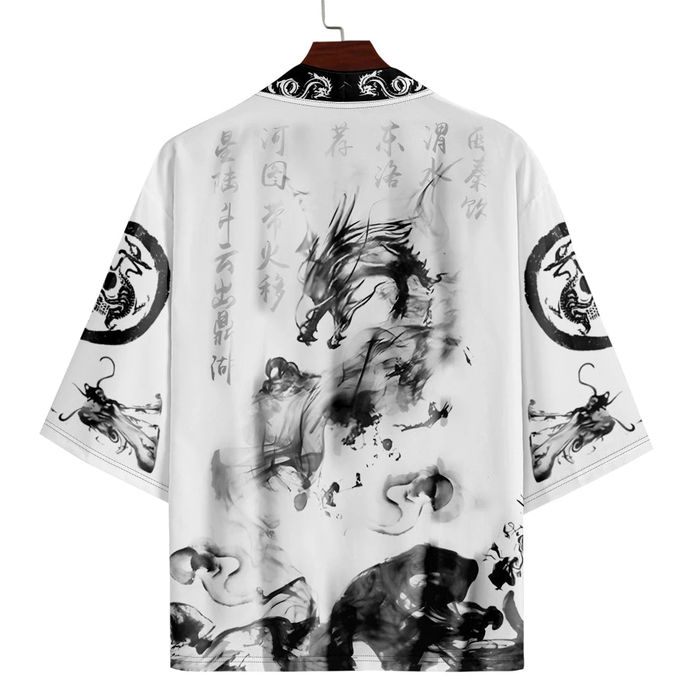 2025 Summer Samurai Dragon Print Men's White Japanese Haori Kimono Oversized Cardigan Robe for Cosplay Streetwear Tops