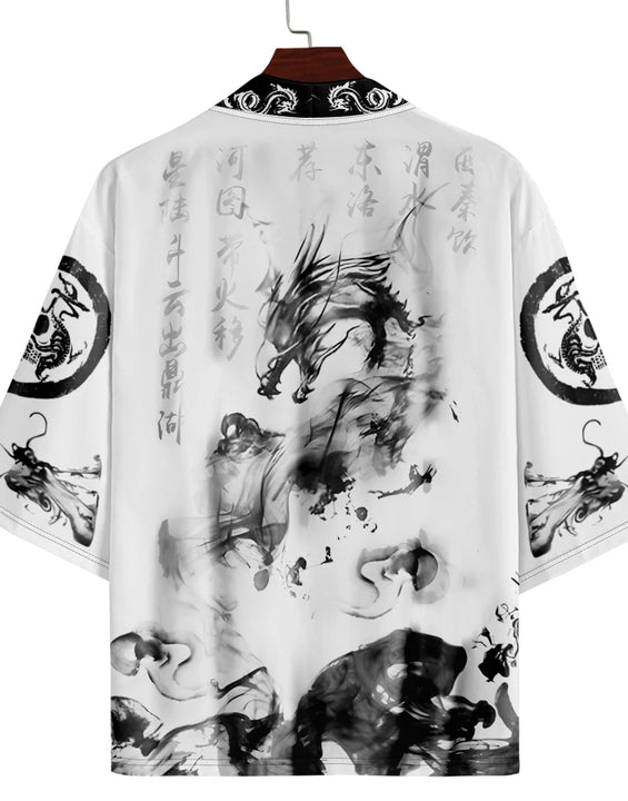 2025 Summer Samurai Dragon Print Men's White Japanese Haori Kimono Oversized Cardigan Robe for Cosplay Streetwear Tops