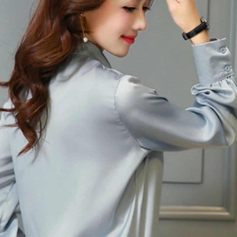 Autumn Loose Tops Womens Casual Chiffon Blouse V-Neck Solid Shirt Bow Lantern Sleeve Fashion Blouses Clothes Blusas Mujer 2198