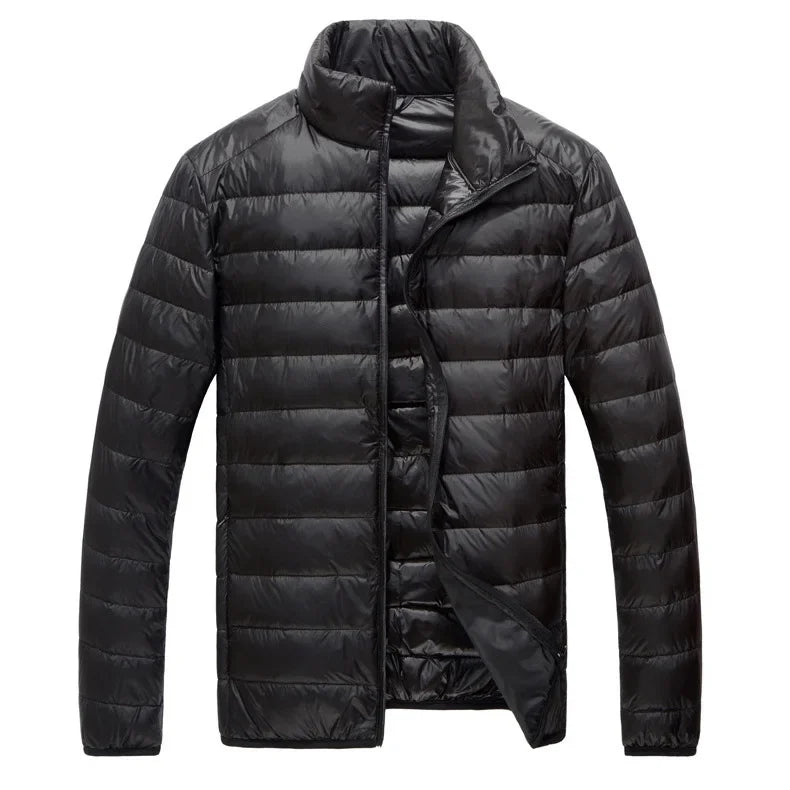 Schinteon Men Ultralight White Duck Down Jacket Thin Stand Collar Solid Color Simple Autumn Outwear