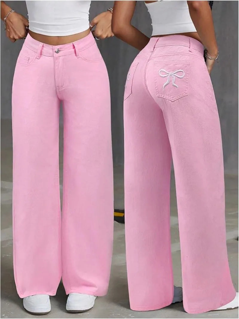 UNITIM Lady Versatile Washed Denim Trousers Women Straight Leg Slim Fit Jeans Pants Women Pockets Vintage Floor Length Trousers