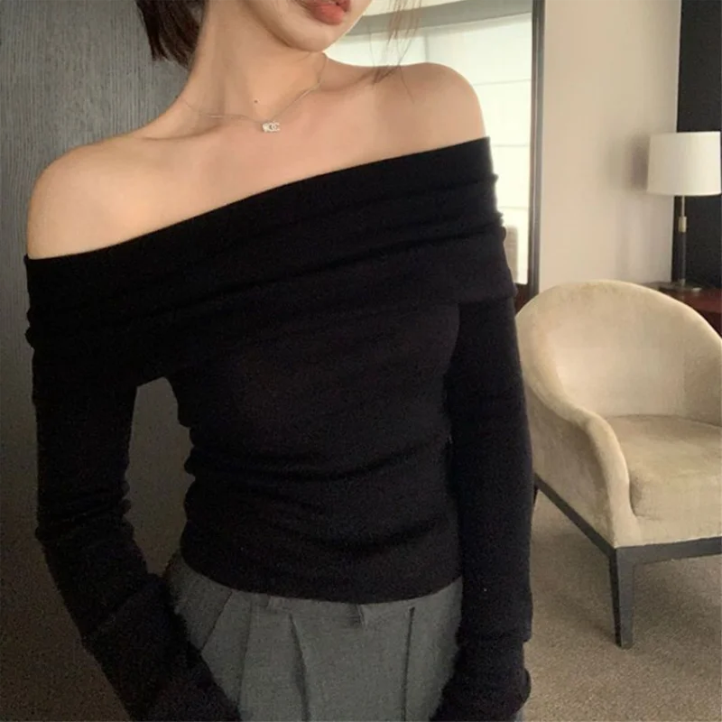 Solid Sexy Off Shoulder T-shirt Elegant Long Sleeve Tops Black Fashion Slim T Shirt Women Autumn Y2k Clothing Elastic Skinny Top