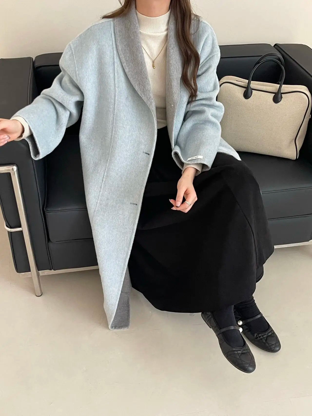 Women Autumn Gentle Elegant Temperament All-match Leisure Solid Long Korean Style Loose Temperament Loose Woolen Coat Female