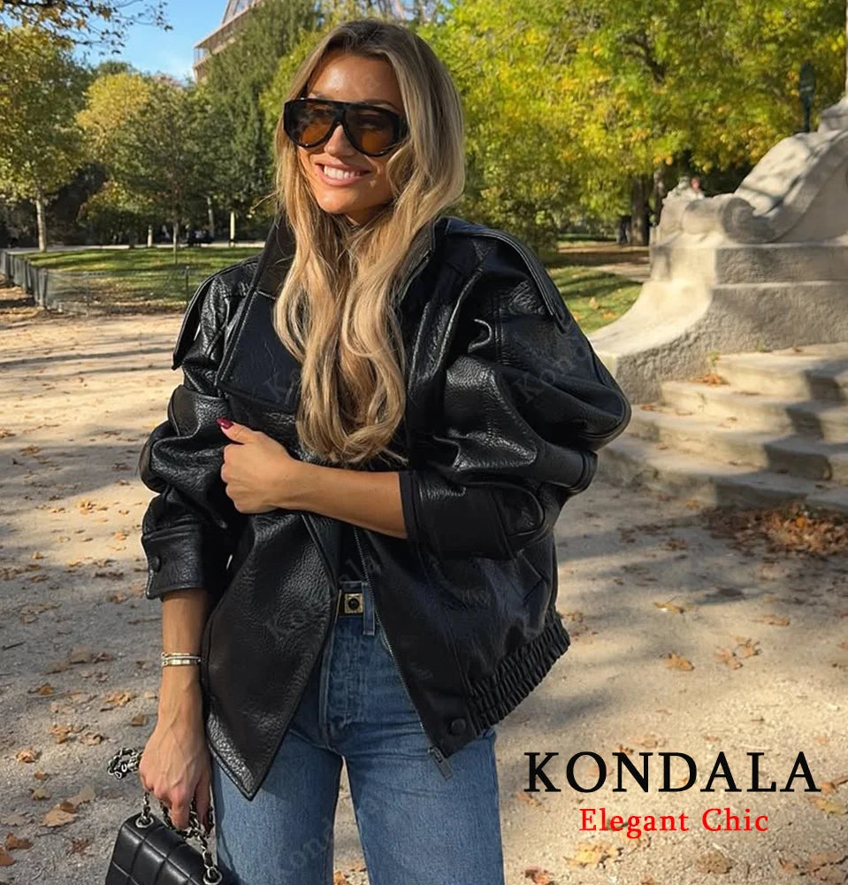 Women 2025 Fall Winter Leather Standing Collar Jacket Faux PU Zipper Pilot Jacket Coat Casual Fashion Outwear Ladies Jacket