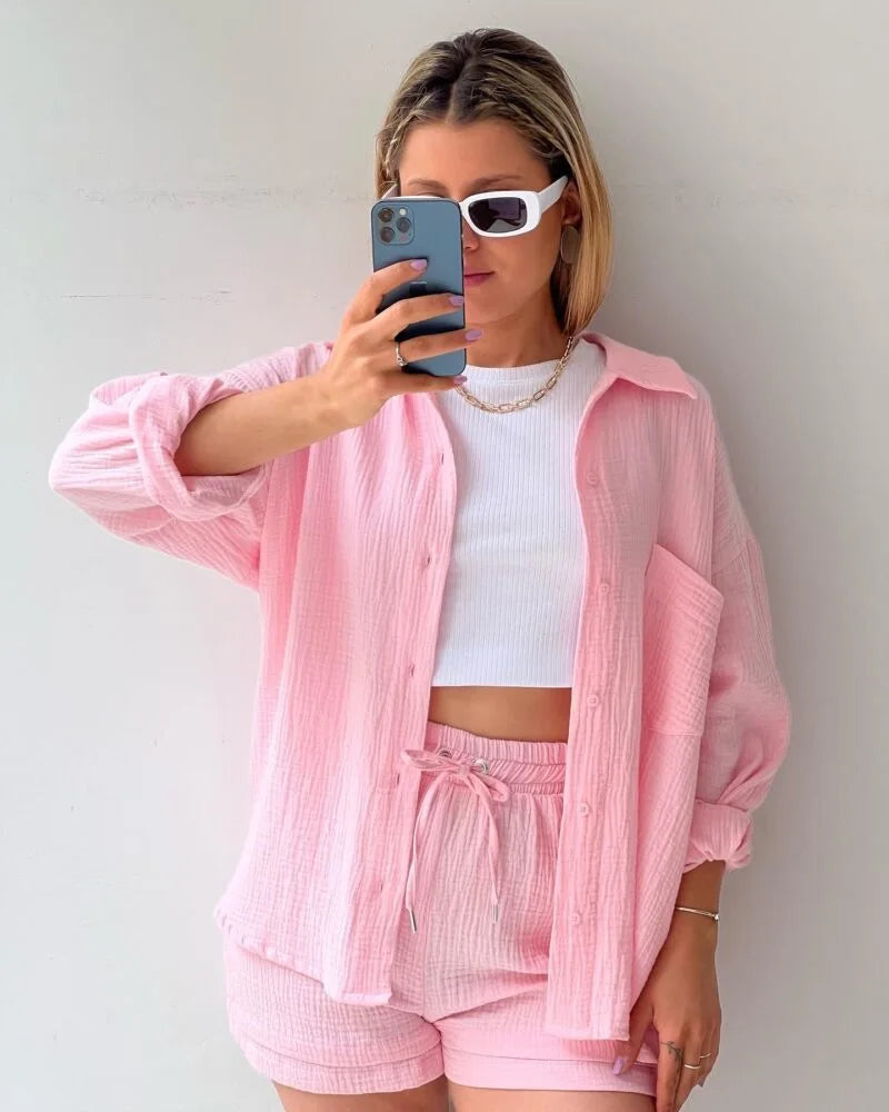 Women's Summer Shorts Set White Long Shirt High Waisted Pants Sets Casual Outfit Streetwear Suits For Women Female Clothing 2025