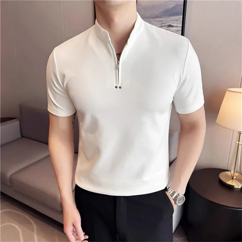 Summer Men's Stand Collar T-Shirts Fashion Half Zipper Pullover Tees Tops Men Solid Color Short Sleeve Slim Fit Casual  Tshirt