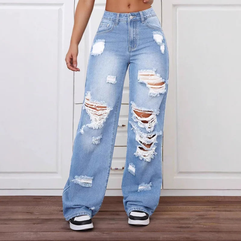 ANJY Spring Autumn New Women Washed Vintage Ripped Design High Street Jeans Trendy Fashion Straight Versatile Denim Pants A23084