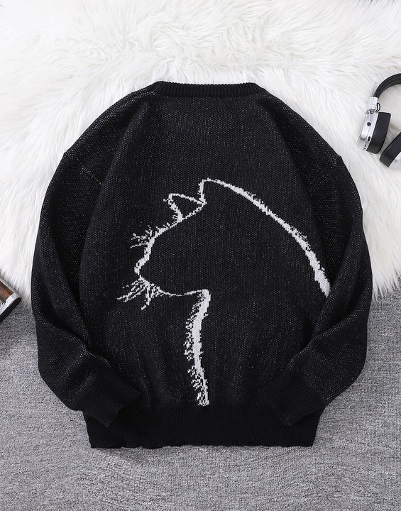 New Popular Autumn and Winter Simple Kitten Jacquard Double-Sided Pattern Pullover Sweater Casual Round Neck Knitted Men's Pullover