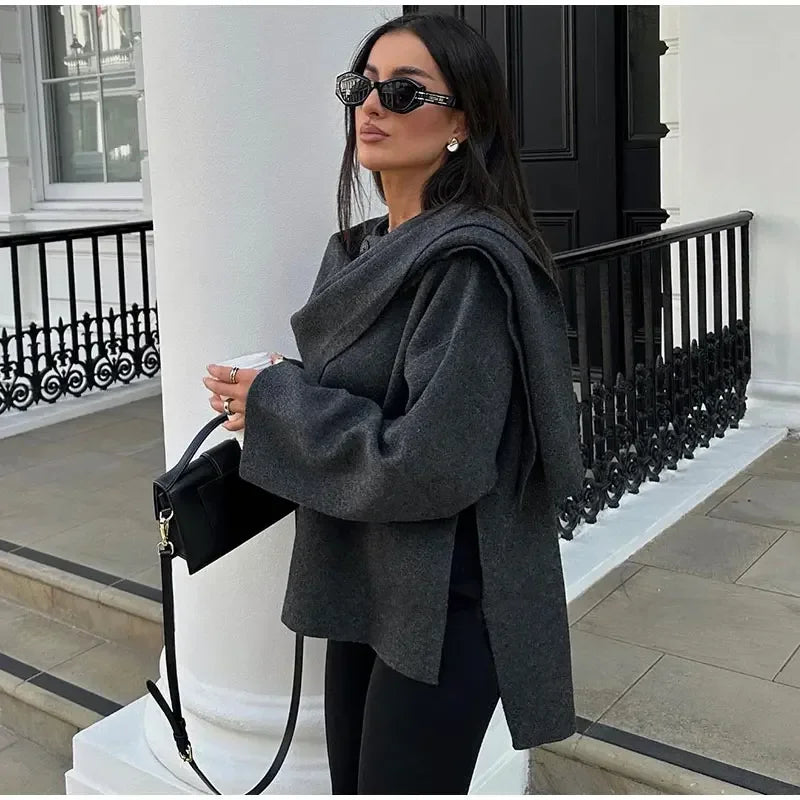Autumn Short Gray Knitted Cloak Jacket Ladies with Scarf Women Fashion Long Sleeve Loose Cardigan Female Winter Elegant Chic New