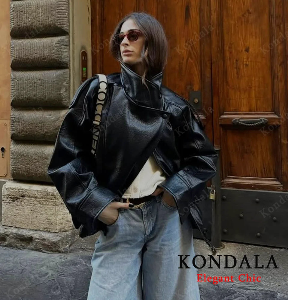 Women 2025 Fall Winter Leather Standing Collar Jacket Faux PU Zipper Pilot Jacket Coat Casual Fashion Outwear Ladies Jacket
