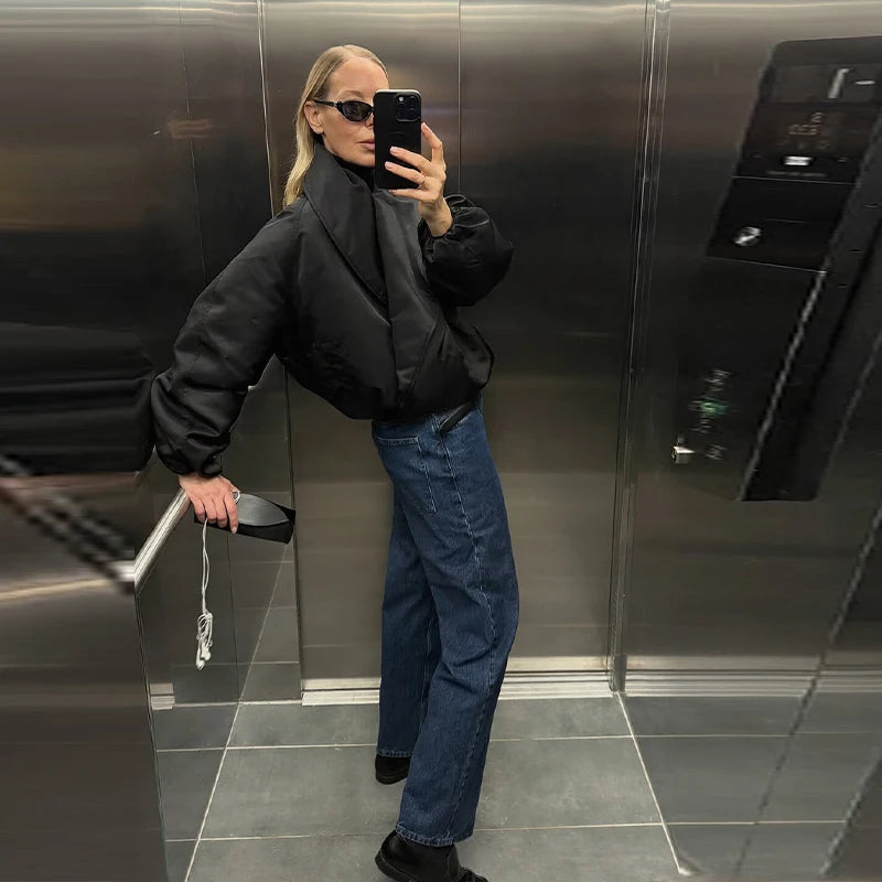Vintage Women's Padded Bomber Jacket Loose Hidden Buckle Pockets Full Sleeve Stand Collar Black Coats 2026 Spring Autumn Outwear
