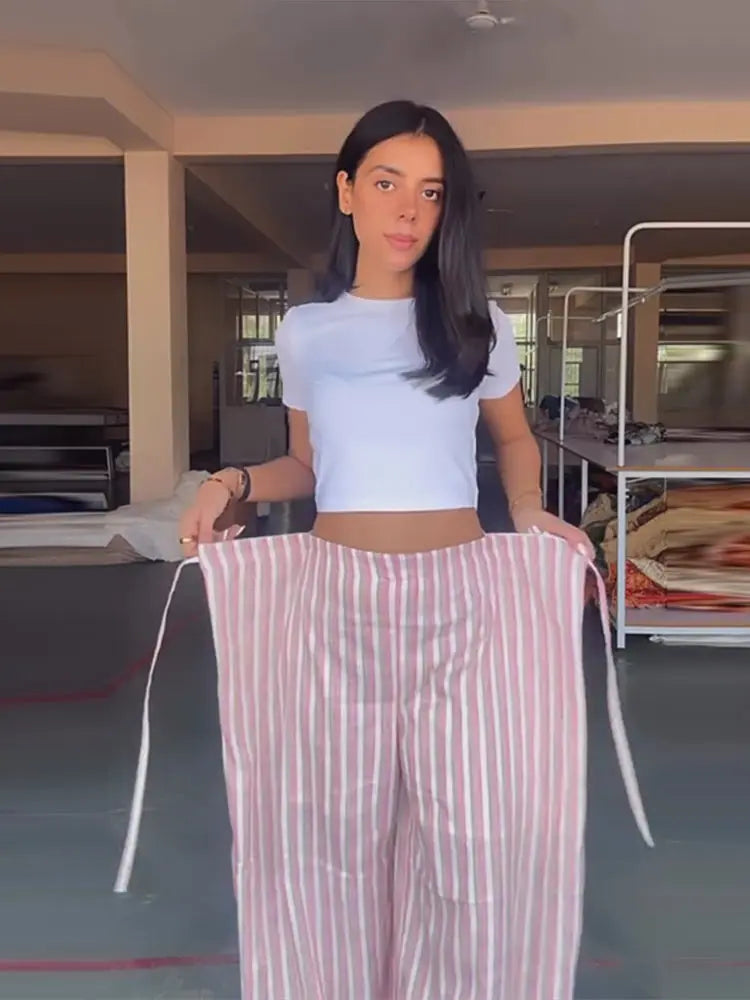 Pants Leg Stripe Women Trousers Adjustable Waist Wrap Loose Summer Floor Length Boho Palazzo Trousers Women Outfit For Women