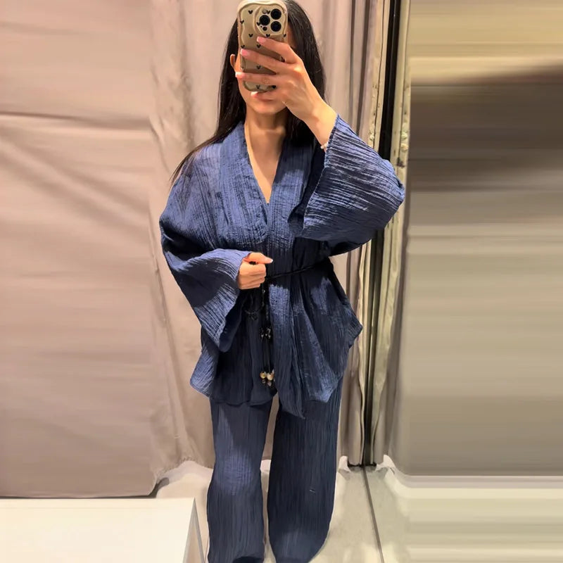Tie Front Textured Women Set V-Neck Loose Set Wide Sleeve Drawstring Pants Casual Lounge Solid Color 2 Piece Outfits For Daily