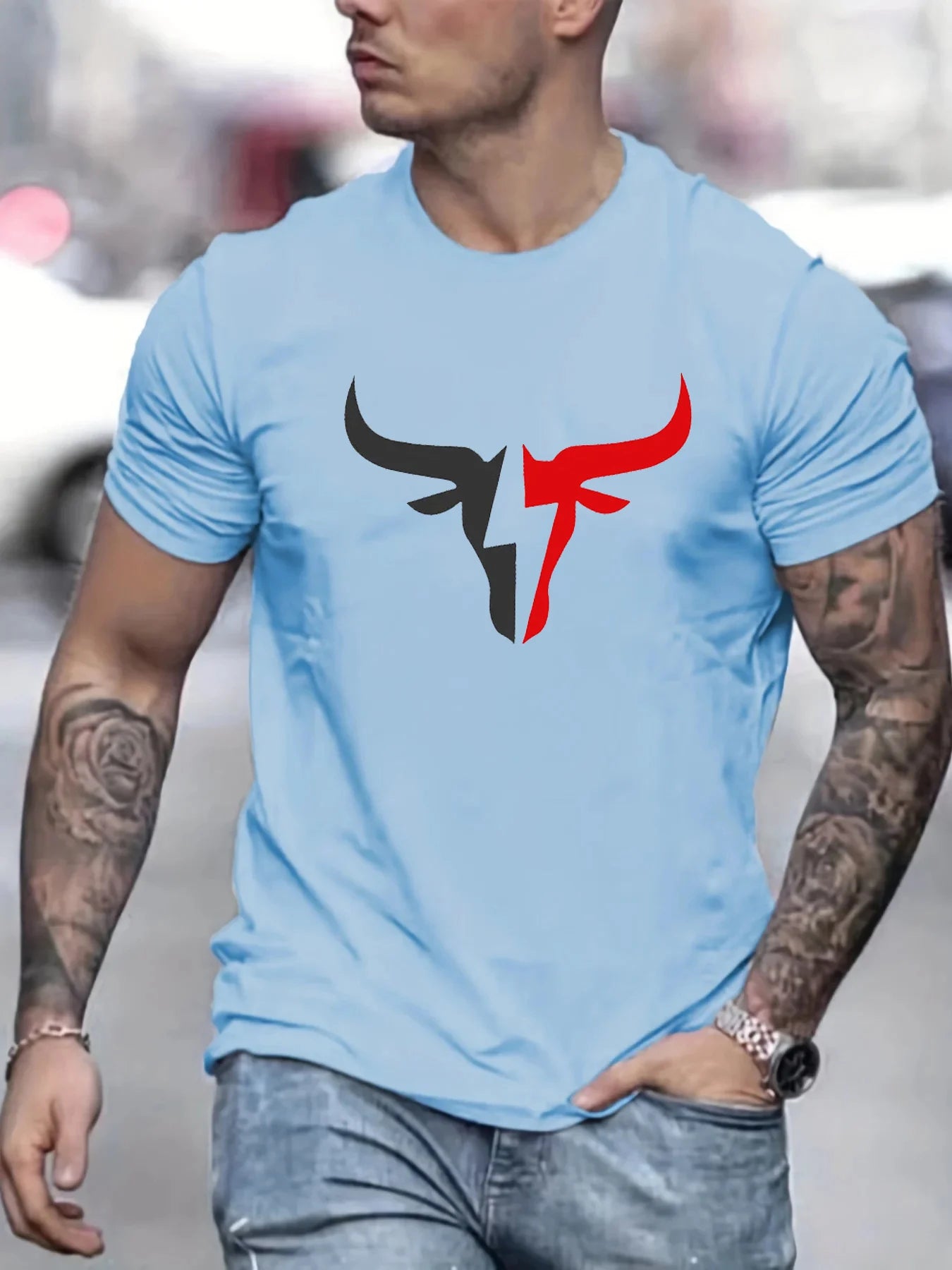 Summer men's 100% cotton comfortable casual loose fit plus size bull pattern print sports round neck short sleeved T-shirt top