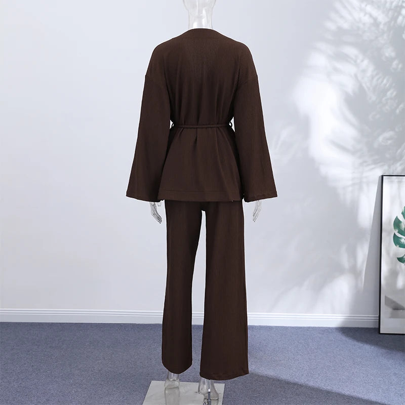 Tie Front Textured Women Set V-Neck Loose Set Wide Sleeve Drawstring Pants Casual Lounge Solid Color 2 Piece Outfits For Daily