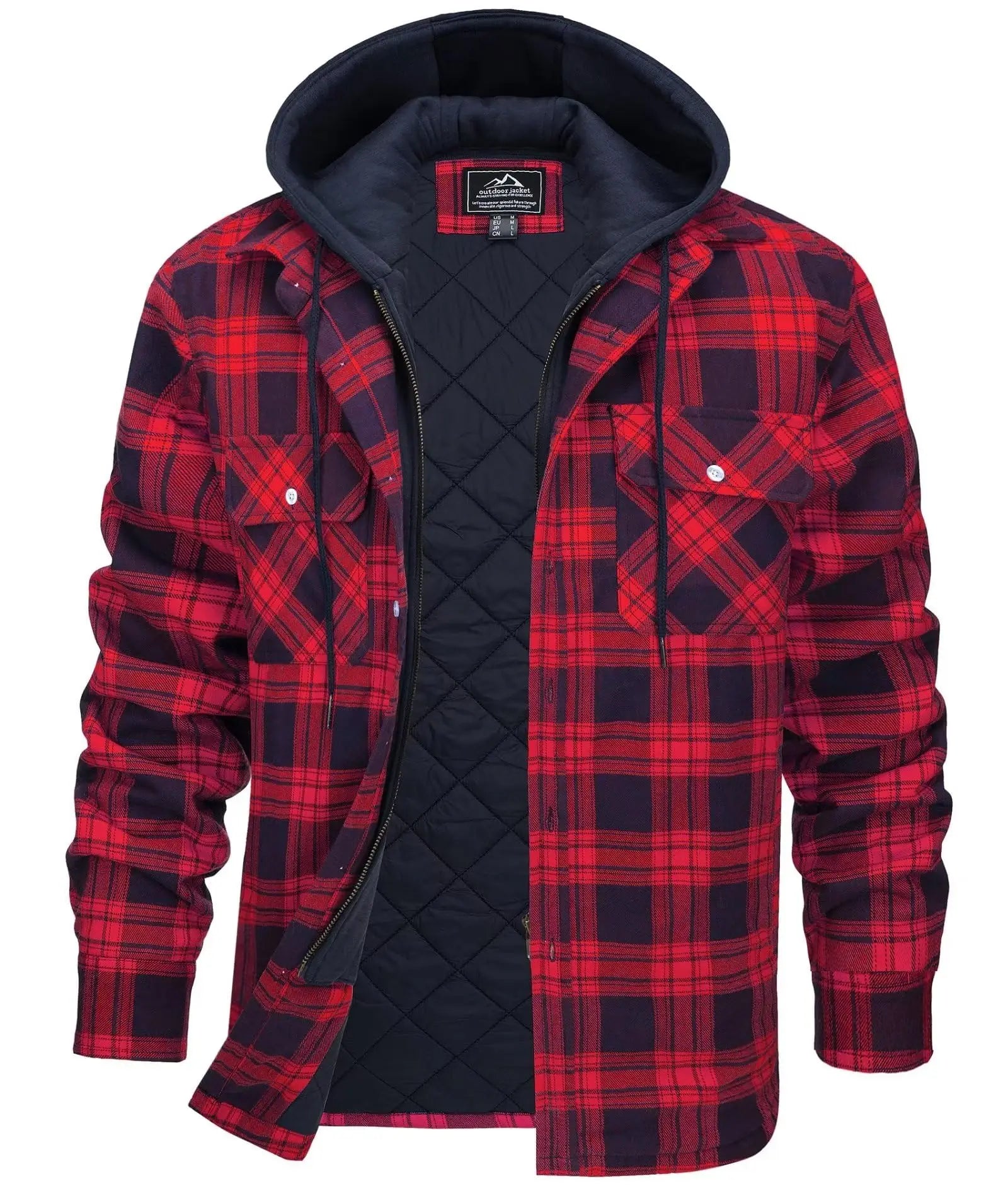 TACVASEN Men's Flannel Shirt Jacket with Removable Hood Plaid Quilted Lined Winter Coats Thick Hoodie Outwear Man Fleece Shirts