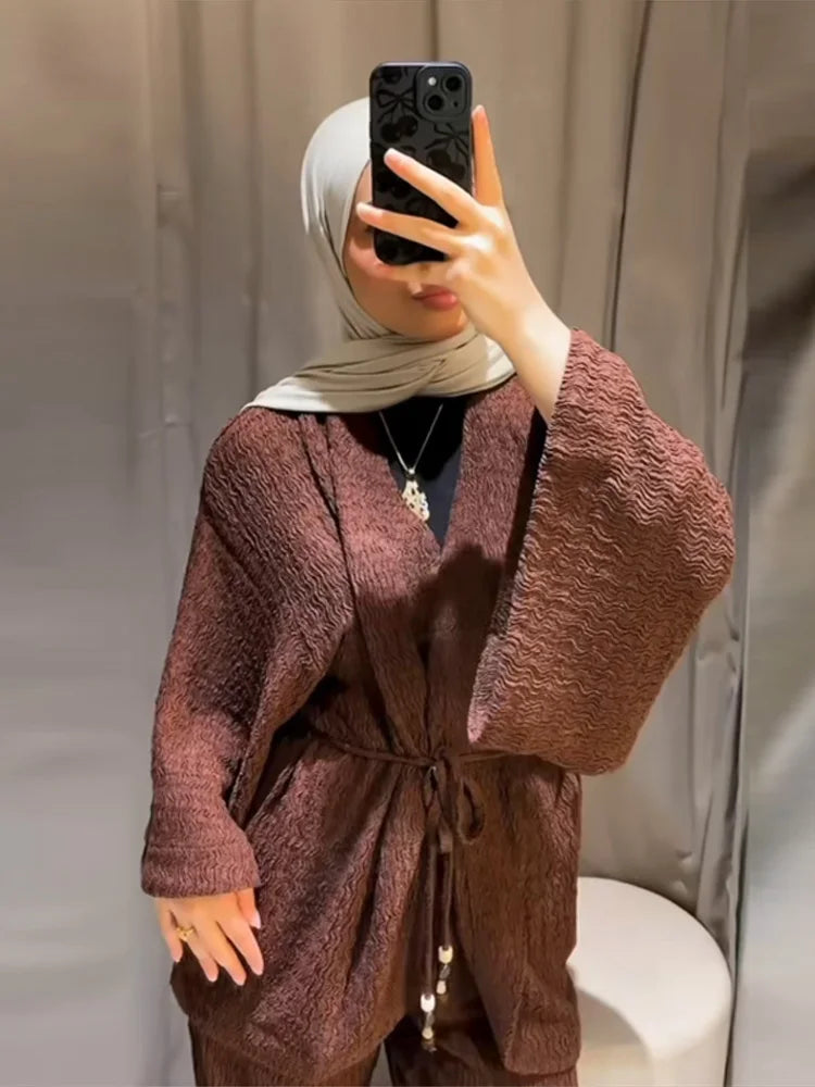 Tie Front Textured Women Set V-Neck Loose Set Wide Sleeve Drawstring Pants Casual Lounge Solid Color 2 Piece Outfits For Daily