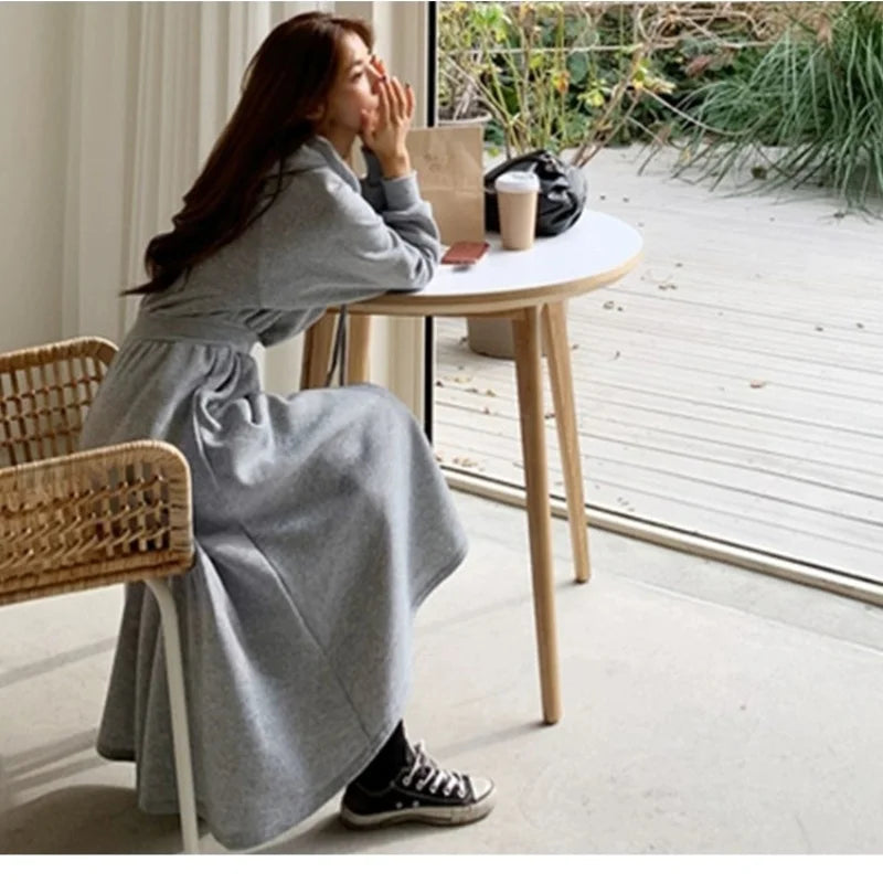 Autumn Winter Casual Women Hooded Cotton Long Dress Long Sleeved Pullover Solid Hoodie Shirring A-Line Floor-Length Rib Dresses