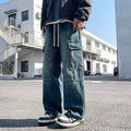 2025 new men's cement grey work jeans Y2K street hip-hop large pocket wide-leg straight jeans trousers jogging black light blue