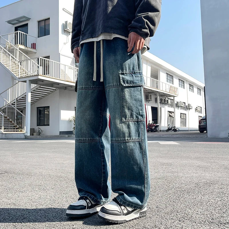 2025 new men's cement grey work jeans Y2K street hip-hop large pocket wide-leg straight jeans trousers jogging black light blue