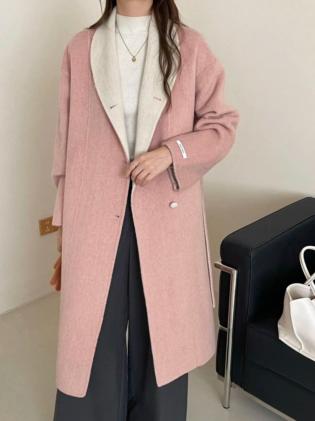 Women Autumn Gentle Elegant Temperament All-match Leisure Solid Long Korean Style Loose Temperament Loose Woolen Coat Female