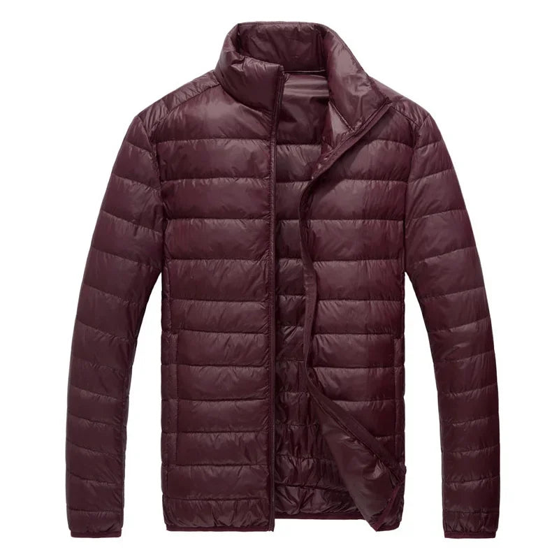 Schinteon Men Ultralight White Duck Down Jacket Thin Stand Collar Solid Color Simple Autumn Outwear