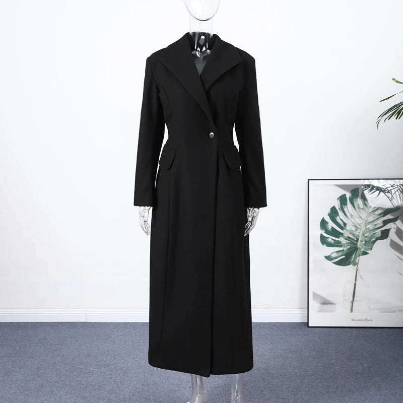 Elegant Women's Woolen Coat Black Single-Button Stand Collar Slim Lady Long Coats 2025 Autumn Winter Chic Female Streetwear New