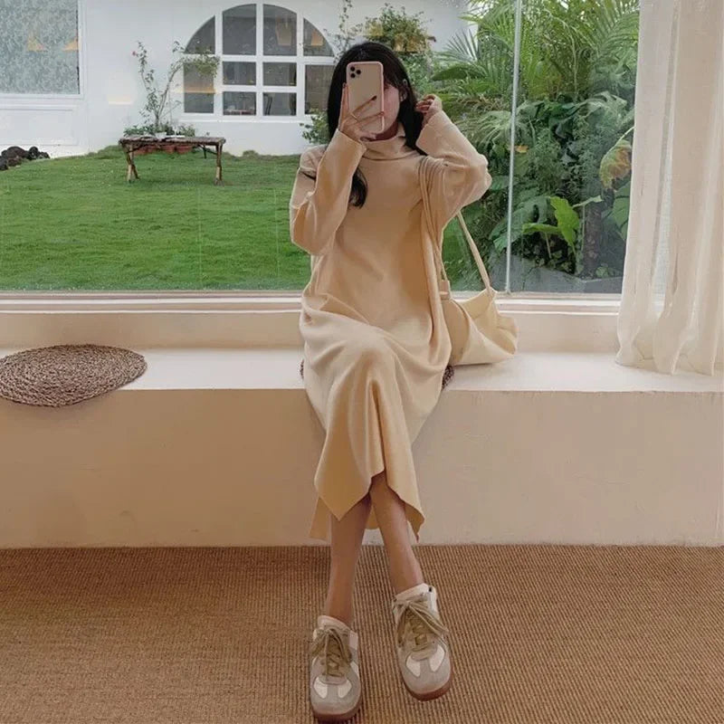 Smvp Fall Winter Turtleneck Long Dress Women Basic Solid Casual Loose Long Sleeve Dresses Female Streetwear Side Split Dress