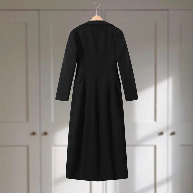 Elegant Women's Woolen Coat Black Single-Button Stand Collar Slim Lady Long Coats 2025 Autumn Winter Chic Female Streetwear New