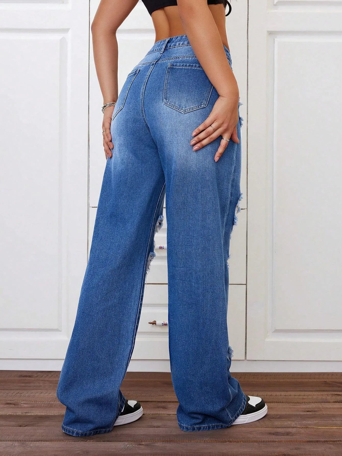 ANJY Spring Autumn New Women Washed Vintage Ripped Design High Street Jeans Trendy Fashion Straight Versatile Denim Pants A23084