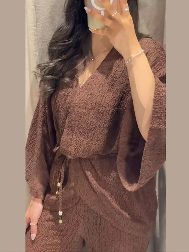 Tie Front Textured Women Set V-Neck Loose Set Wide Sleeve Drawstring Pants Casual Lounge Solid Color 2 Piece Outfits For Daily