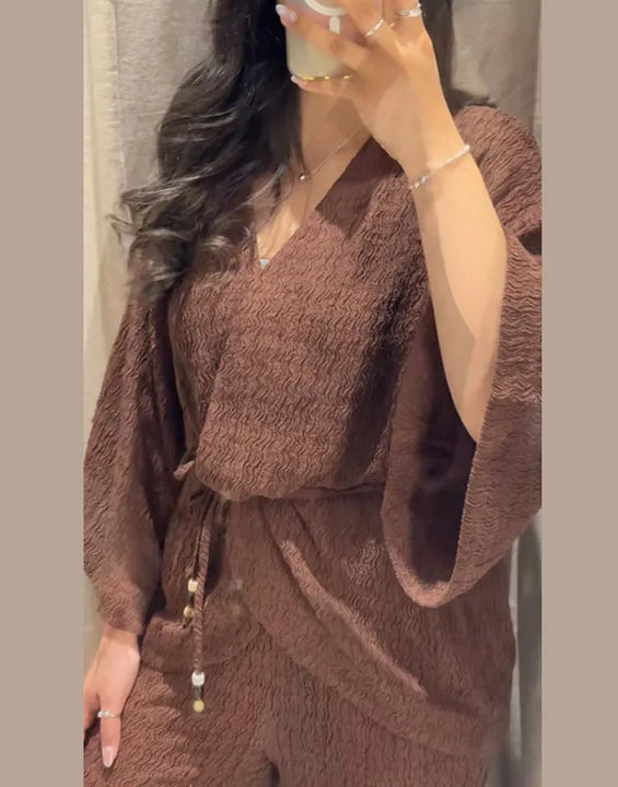 Tie Front Textured Women Set V-Neck Loose Set Wide Sleeve Drawstring Pants Casual Lounge Solid Color 2 Piece Outfits For Daily