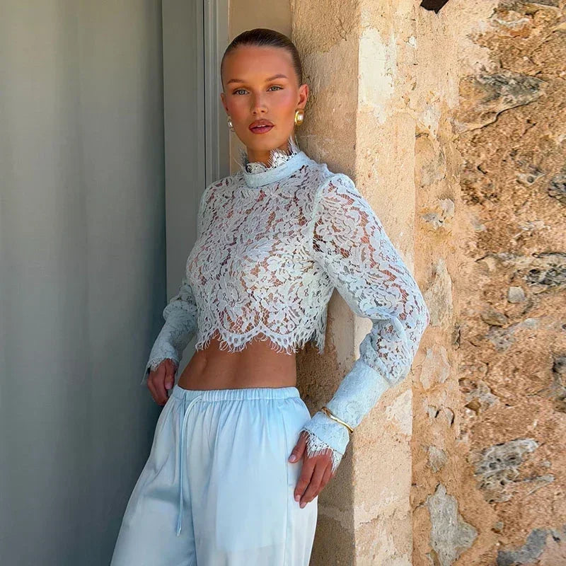 Lace Top Pants 2 Piece Set Women Chic Solid Half High Collar Cropped Back Split Long Pant Suit 2026 Lady Daily Street Outfit New