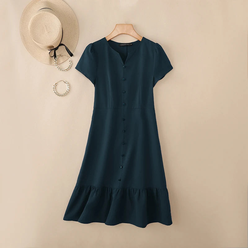 Stylish Summer Dress 2025 ZANZEA Women Elegant V-Neck Midi Dresses Office Work Sundress Short Sleeve Solid Buttons Vestidos Robe