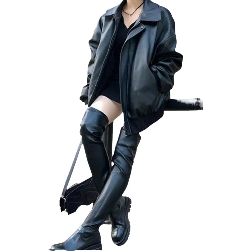 Black Leather Jacket Women's American Retro Style Motorcycle Jacket Student Slimming Trendy Outerwear Spring Autumn