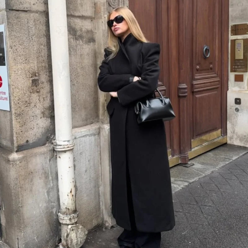 Elegant Women's Woolen Coat Black Single-Button Stand Collar Slim Lady Long Coats 2025 Autumn Winter Chic Female Streetwear New