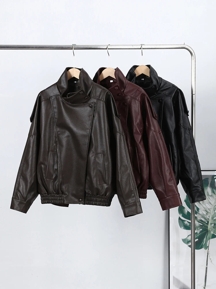 Women Bomber Jacket Leather Coat Retro Coat Stand-Collar Top Textured Clothes Lversized Biker Coat Casual Streetwear Outerwear