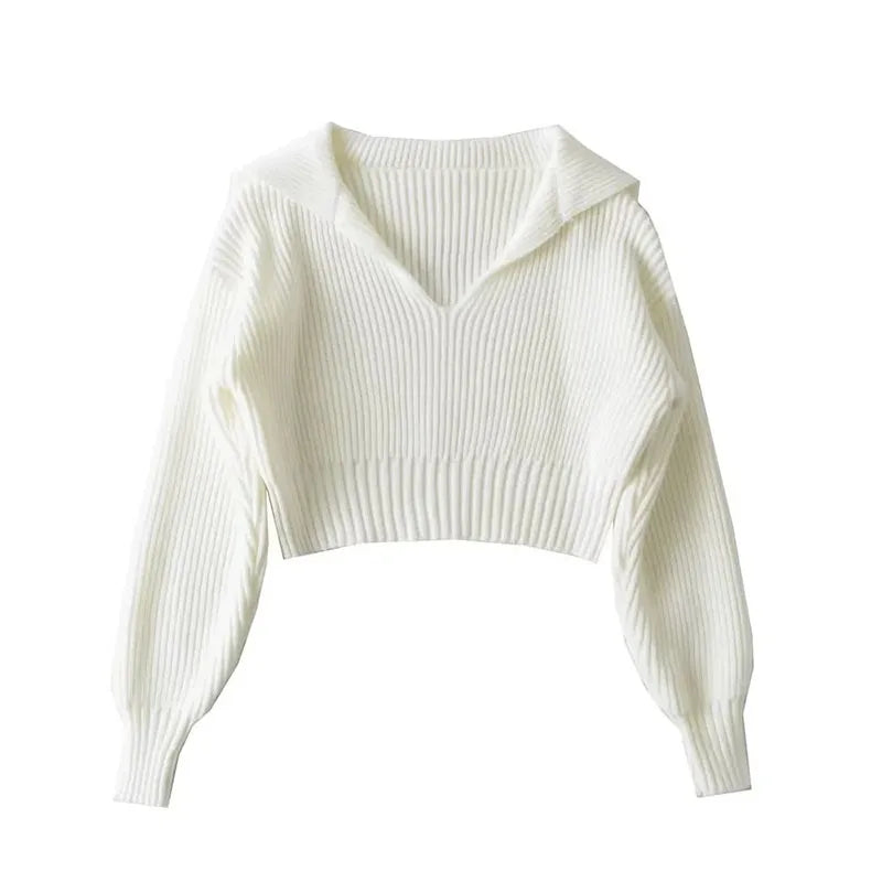 New V Big Lapel Knitted Sweater Women Fashion Loose Cropped Knit Jumper for Woman Korean All-Match Casual Pullover Knitwear