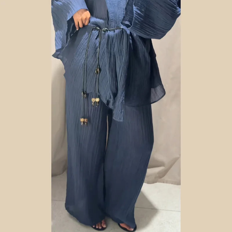 Tie Front Textured Women Set V-Neck Loose Set Wide Sleeve Drawstring Pants Casual Lounge Solid Color 2 Piece Outfits For Daily